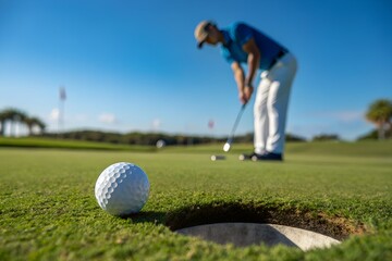 Obraz premium Taken with a shallow depth of field, captures a golfer in the background, out of focus, preparing to putt. The main subject in the foreground is a golf ball positioned near the edge of a golf hole.
