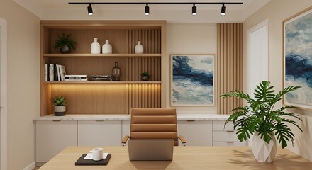 Modern home office with built in shelving and natural light