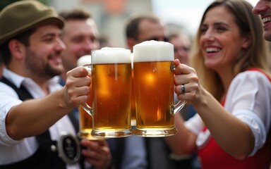 Group of friends in traditional Bavarian attire cheering with beer mugs at Oktoberfest. High quality