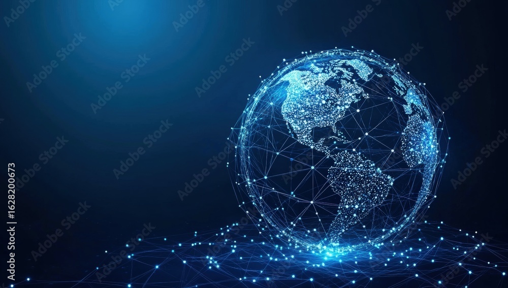 Poster a digital representation of earth, featuring interconnected networks of light, symbolizing global co