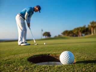 A low-angle, shallow-depth-of-field photograph captures a golf ball poised on the edge of a hole on a putting green. In the blurred background, a male golfer, wearing a blue shirt, white pants.