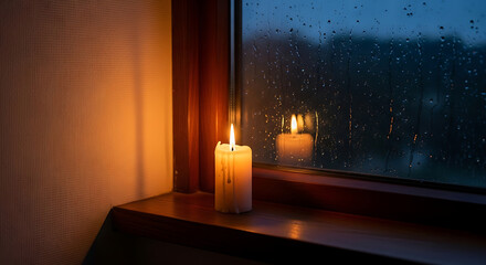 Cozy interior scene with lit candles on a windowsill during a rainy day, celebrating Krishna janmashtami with warm, soft lighting.