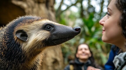 A charming encounter between a woman and a curious animal. The connection is evident in their expressions. Nature brings joy to our lives. Generative AI