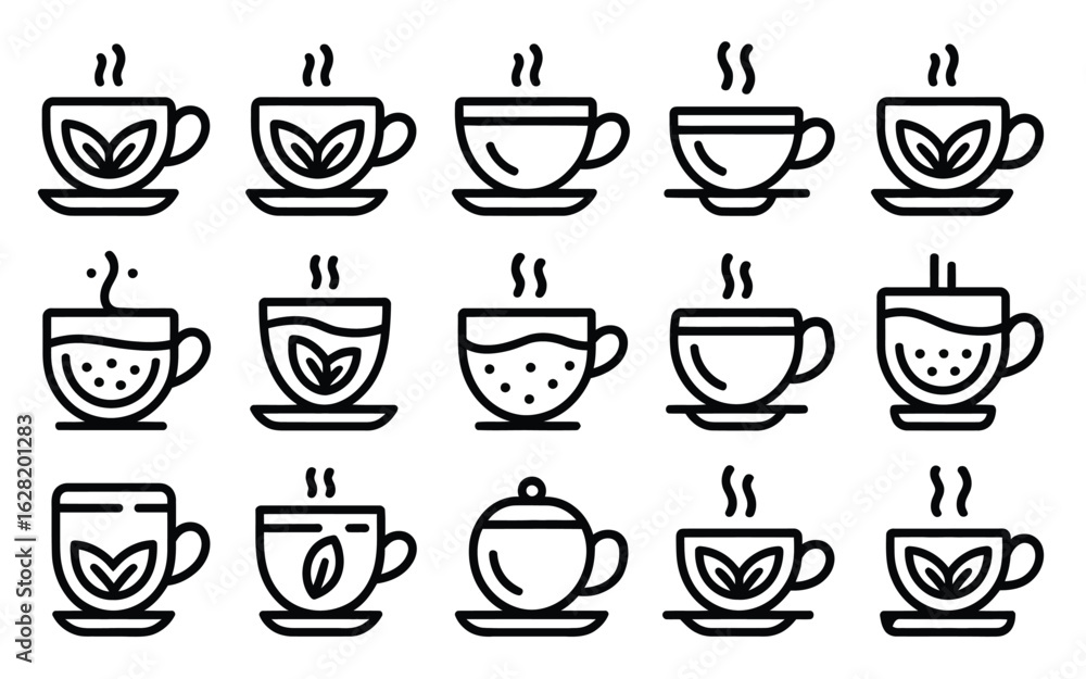 Poster vector art of collection of various tea cups isolated on white background in simple line art style