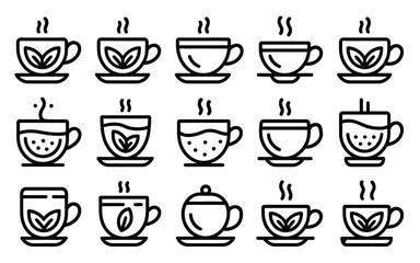 Vector art of collection of various tea cups isolated on white background in simple line art style