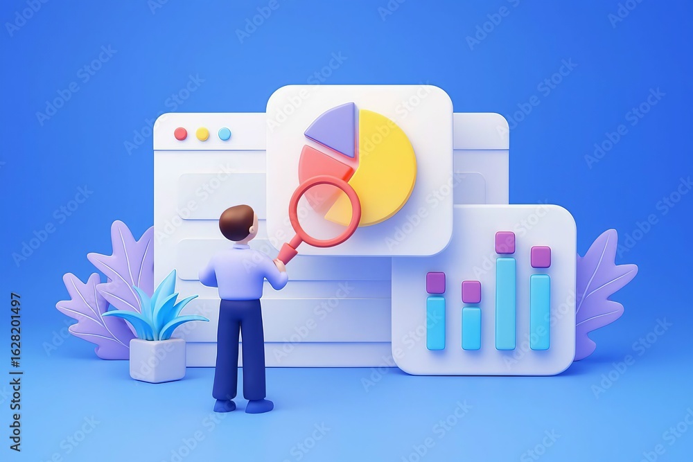 Poster man analyzing financial data with charts and graphs on a computer screen