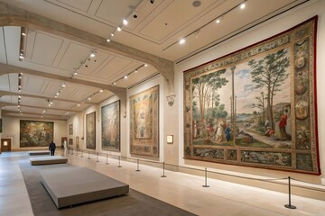 Grand tapestries adorning museum walls showcase intricate scenes of nature and figures