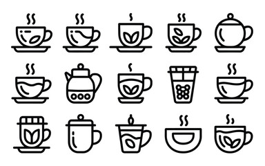 Fototapeta premium Vector art of collection of various tea cups, teapots and glasses with hot beverage isolated on white background