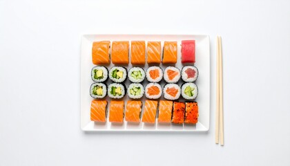 Assorted sushi set with salmon, tuna, and maki rolls neatly arranged on a white plate with chopsticks.
