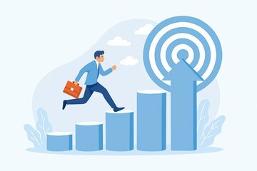 Businessman climbing stairs towards a target goal with a briefcase