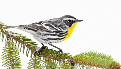 Yellow-rumped warbler (Setophaga coronata) bird perched on a coniferous branch against
