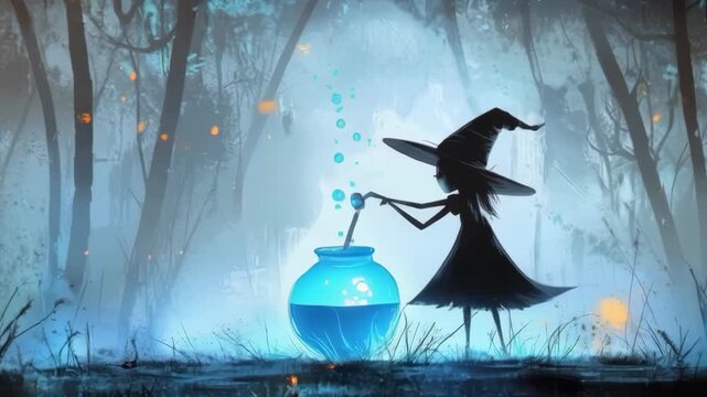 Silhouette witch stirring glowing blue potion in dark mystical forest with magical atmosphere and floating lights enchanting scene
