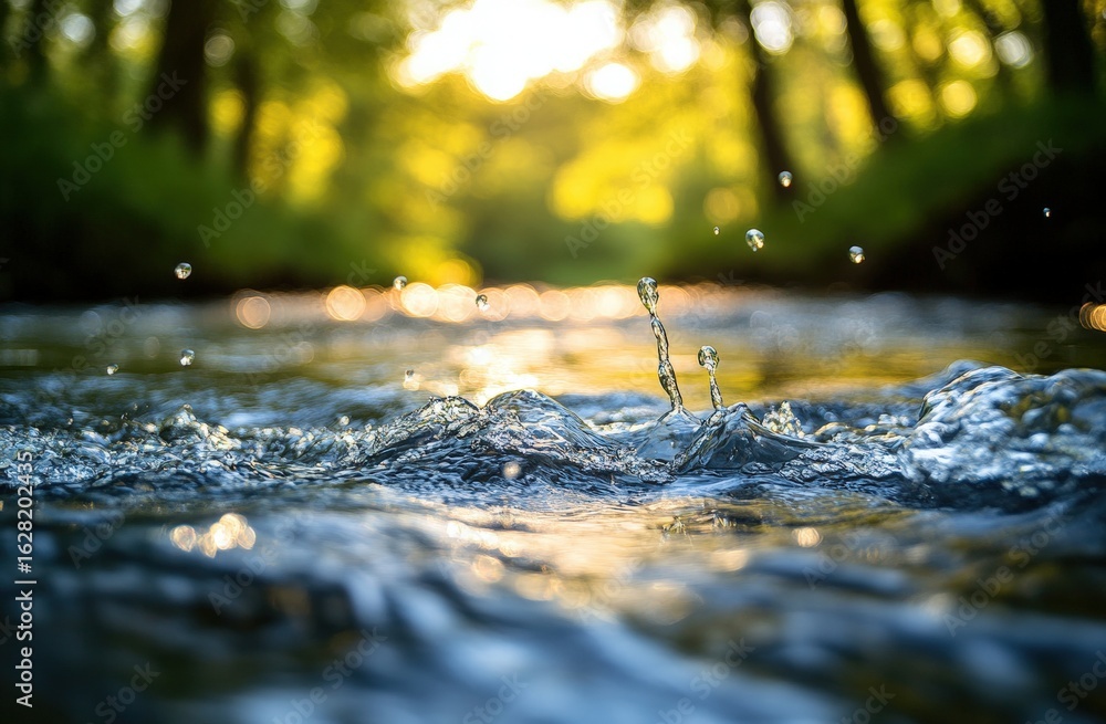 Poster a serene close-up of water droplets splashing in a tranquil stream, surrounded by lush greenery and 