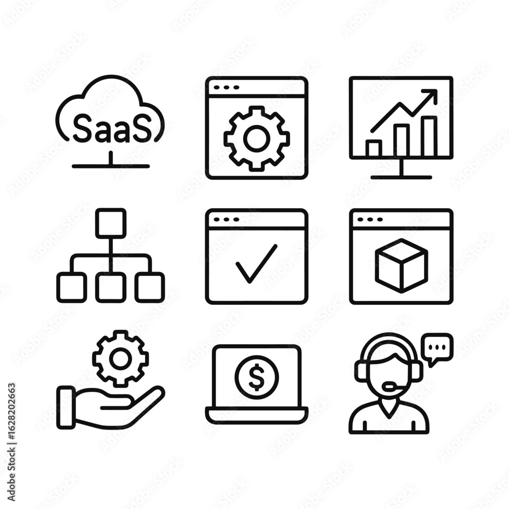 Poster enterprise software solution vector icons. outline symbols. line design