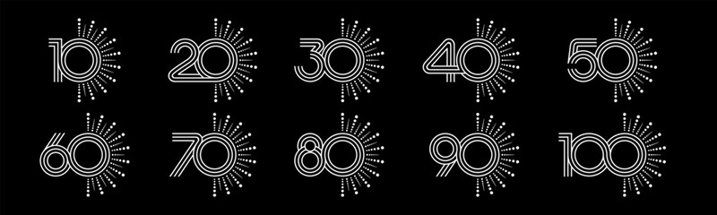 Obraz premium Set of collection numbers 10 to 100 with fireworks vector illustration. Fireworks with numbers 10, 20, 30, 40, 50, 60, 70, 80, 90, 100 for greetings, anniversary, discounts and more.