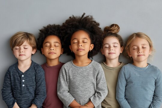 Group of diverse children lying down with eyes closed, showcasing peaceful expressions and relaxed atmosphere, perfect for back to school themes and educational content. Back to school concept
