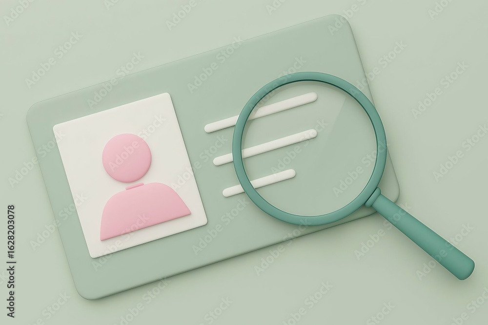 Poster magnifying glass over an id card with a profile picture and lines for text