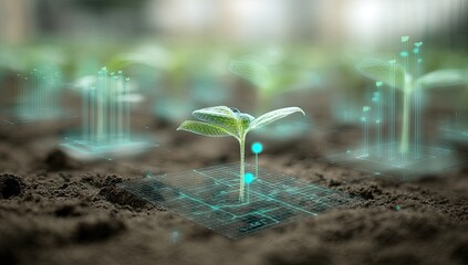 Young sprout in soil with futuristic overlay