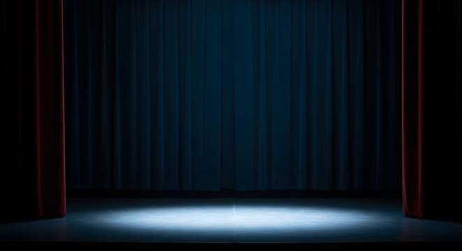 Empty stage with blue curtains and dramatic spotlight creating anticipation for performance or presentation