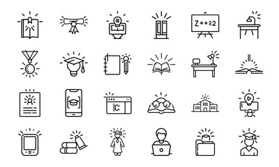 A comprehensive set of 24 black and white line icons representing diverse concepts such as business strategy, education, customer service, and daily life activities.