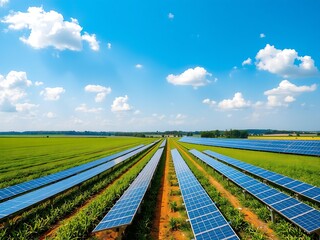 Flat farmland with organized rows of solar panels under a vivid blue sky &mdash; clean renewable energy production in a peaceful rural setting, surrounded by crops, grass, and distant tree lines

