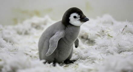 Adorable Young Penguin Chick Standing on White Fluffy Snowy Surface