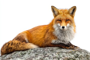Obraz premium A red fox lounges on a lichencovered rock showcasing its orange fur white chest and alert expression against a white backdrop