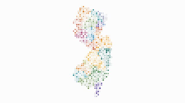 New Jersey animation. Shape of the state with pulsating colored dots. Small size rounded square blocks. Digital style map on white background. Awesome video.