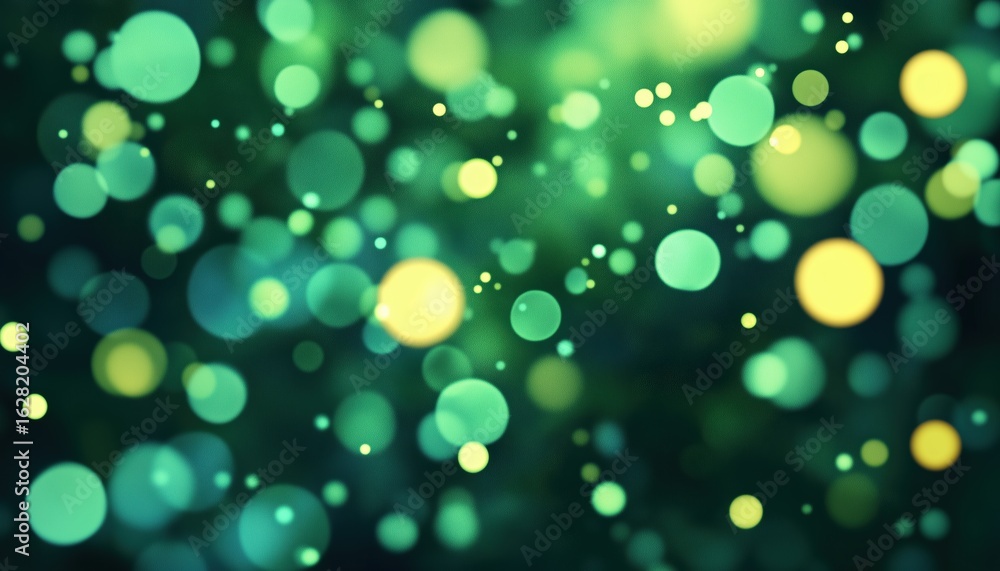 Poster green circular bokeh overlay with defocused light dots. focus bokeh effect in nature. magical green 