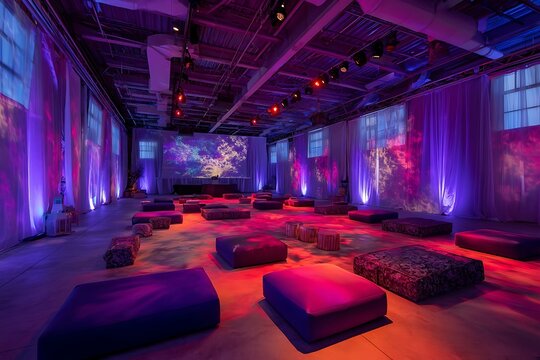 Attend a corporate wellness retreat in a spacious loft space flooded with vibrant purple and red lighting for a transformative experience