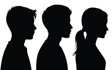 Vector art of silhouettes of childrens heads in profile isolated on white background for your design