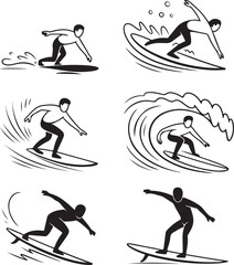 Surfer Action Poses Icon Pack – Paddle, Pop-Up, Duck Dive, Ride, Cutback, and Tube in Hand-Drawn Outline Style