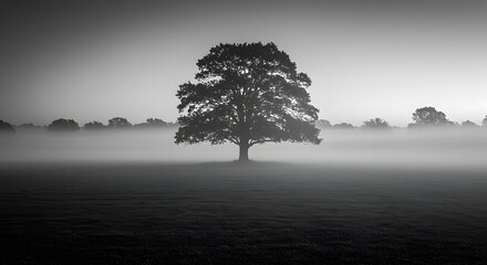 Obraz premium Solitary Ancient Oak Tree Silhouetted Against Dawn Sky in Foggy Field Tranquility and Nature's Resilience Concept