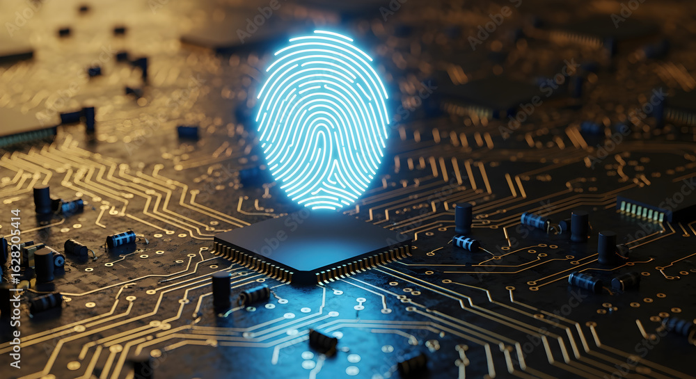 Poster glowing blue fingerprint on microchip circuit board for high tech security
