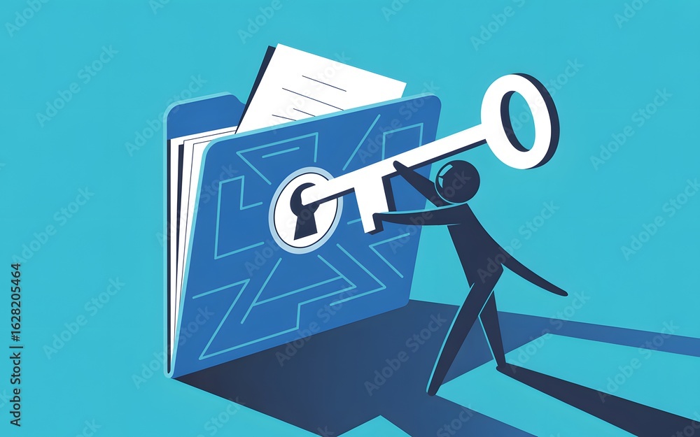 Poster access and information security: illustration of a figure unlocking a digital folder with a key, rep