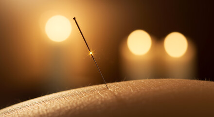 Acupuncture needle in human skin with golden bokeh lights representing holistic wellness and pain relief