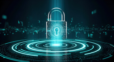 Glowing Blue Padlock Over Concentric Circles with Digital Data Patterns in Background