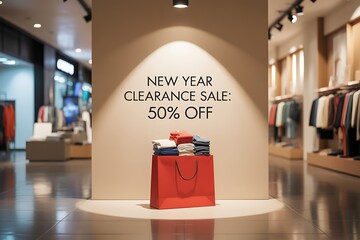 Huge new year clearance sale with 50 percent off trendy apparel in modern boutique invites shoppers to discover amazing deals and stylish finds now