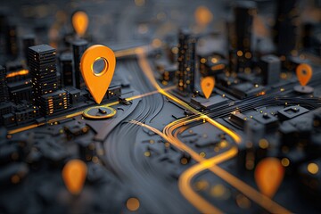 Urban navigation network.  High-tech city map, highlighted with glowing routes and orange location markers.  Modern, 3D rendering