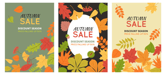 Fototapeta premium Autumn foliage sale cards. Season discount banners, fall color leaves, advertising templates, forest chestnut, maple pattern, ginkgo orange background, splendid vector cartoon isolated set