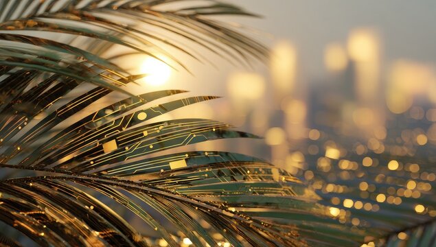 Golden palm frond, city lights, sunset. Circuit board patterns on leaves. Blurry cityscape in the background - Powered by Adobe