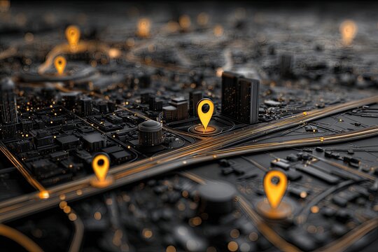 High-angle view of a city map, highlighted with numerous orange location markers, urban infrastructure,  and illuminated cityscapes - Powered by Adobe