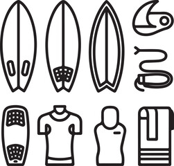 Surfing Equipment Outline Icons – Boards, Fins, Wetsuit, Leash, Wax, and Beach Essentials in Minimal Line Art