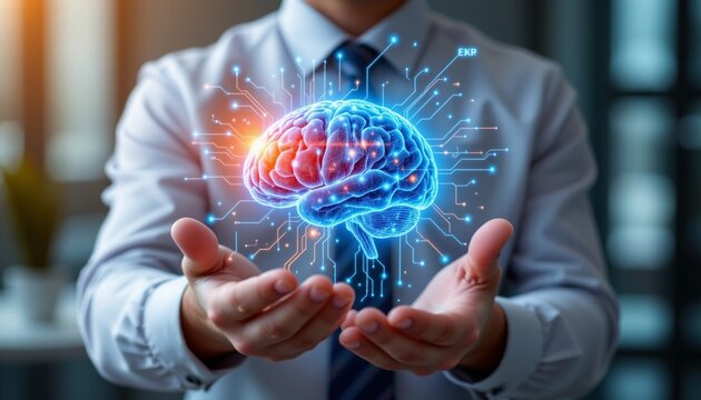 Business professional holding a glowing digital brain, representing artificial intelligence and innovation in technology. - Powered by Adobe
