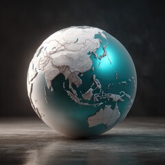 Teal globe, Asia-focused, 3D render, dark background