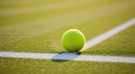 A vibrant yellow tennis ball rests on the crisp white line of a green court under bright sunlight, symbolizing precision in sport