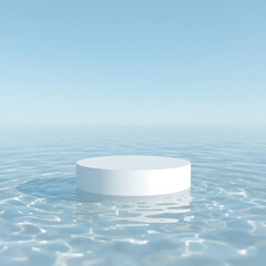 Serene white podium emerges from tranquil clear water reflecting calm sky, perfect for product display