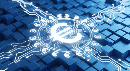 Glowing White Euro Symbol with Digital Circuitry on a Blue Cube Background Represents Future of Finance