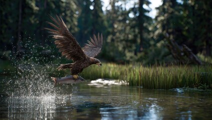 Fototapeta premium A majestic eagle soars above a tranquil stream, carrying a salmon in its talons. Water splashes around the fish as it takes flight. Forest surrounds the scene