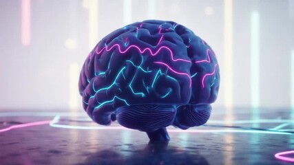 3D neon brain model with glowing lines on futuristic background - Powered by Adobe